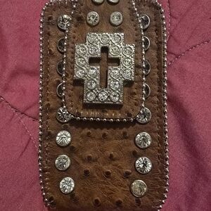 Brown Leather Phone Case with Silver Accents